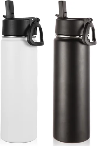 Miniatura 31 de Volhoply Botellas de agua aisladas con popote a granel, paquete de 4, botella deportiva de acero inoxidable de 22 onzas con tapa, vasos de agua