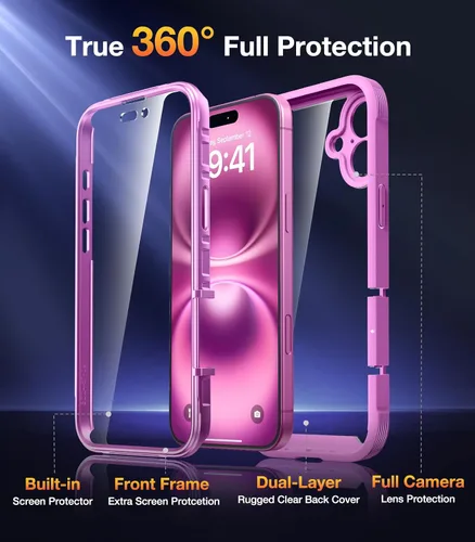 Miniatura 3 de Diaclara Funda diseñada para iPhone 16, mejorada [protección completa de la cámara], carcasa resistente de cuerpo completo con protector de pantalla