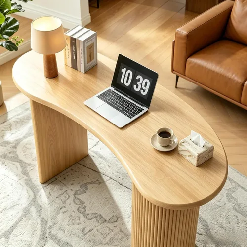 Miniatura 5 de LEVNARY Escritorio pequeño curvado de 54.3 pulgadas, escritorio ejecutivo de madera con patas estriadas resistentes, escritorio moderno de lujo