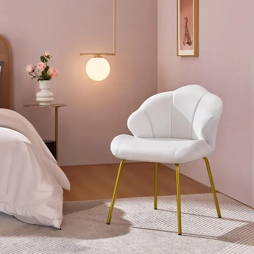 Miniatura 4 de Yaheetech Silla de tocador, silla decorativa de terciopelo con respaldo en forma de concha, sillón moderno con patas de metal dorado para Blanco