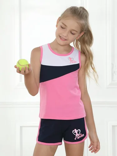 Miniatura 2 de nomachalt Girls Summer Shorts Sets Kids 2 Piece Outfits Clothes Tennis Running Tank Top Shirts Dolphin Shorts