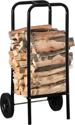 Miniatura 10 de Carrito de leña para patio interior y exterior, con ruedas y juego de herramientas para chimenea, color negro