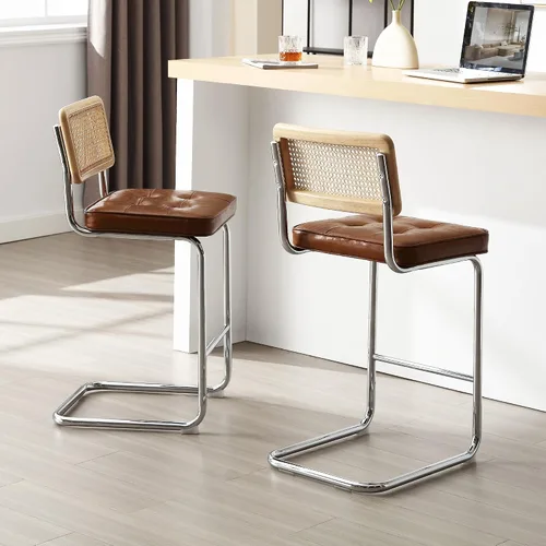 Miniatura 6 de ONEVOG Juego de 3 taburetes de bar de 26 pulgadas de altura de mostrador para cocina, modernas sillas tapizadas de ratán de mediados de siglo