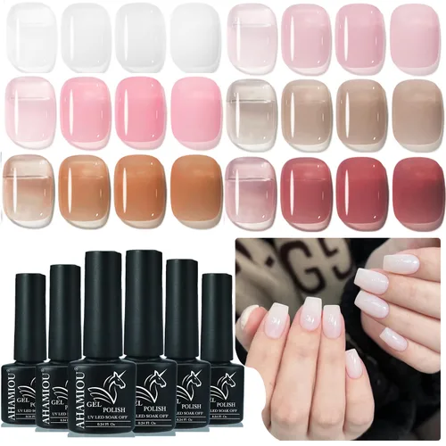 Kit de esmalte de uñas de gel color nude, esmalte de gel transparente, blanco lechoso, gelatina helada, translúcido, color neutro, arte para