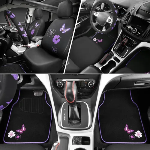 Miniatura 4 de CAR PASS Juego completo de fundas de asiento de coche de tela universal con mariposas, alfombrillas de coche impermeables bordadas con flores, funda