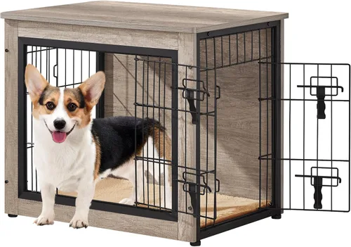 Miniatura 12 de Yaheetech 32" Mesa auxiliar de jaula para perros con cojín, jaula de madera para perros con puertas dobles/pies ajustables, mesa auxiliar lateral