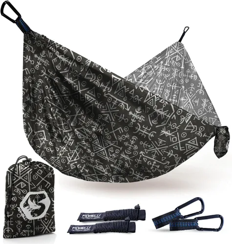 Miniatura 9 de Foxelli Hamaca de camping – Hamaca portátil de nailon de paracaídas ligera con cuerdas de árbol y mosquetones, perfecta para exteriores, mochileros