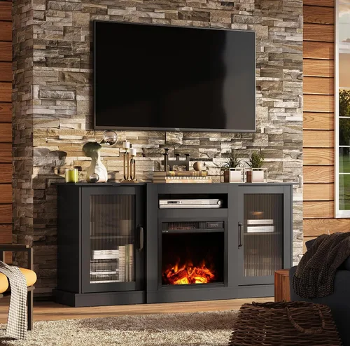 Miniatura 2 de WLIVE Soporte de TV con chimenea para TV de 65 pulgadas, centro de entretenimiento con chimenea eléctrica de llama realista 3D, consola de TV