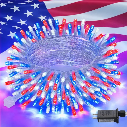 JMEXSUSS Luces rojas blancas y azules con cable transparente, 66 pies, 200 luces LED para decoración del 4 de julio, luz de Navidad para celebración