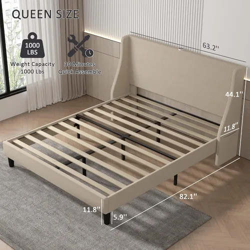 Miniatura 2 de VECELO Base de cama Queen con cabecera tapizada con respaldo alado, base de cama de plataforma resistente con estación de carga y bolsillos Beige