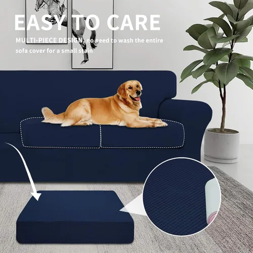 Miniatura 3 de Easy-Going Funda de Sofá Elástica de 3 Piezas para Perros, Funda de Sofá Lavable para Sofá de 2 Cojines Separados, Tela Jacquard de Spandex, Azul