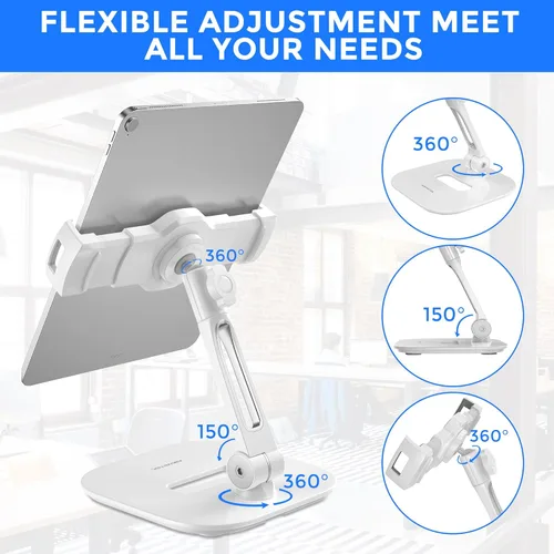 Miniatura 5 de AboveTEK Soporte para tableta, elegante soporte de aluminio para iPad, plegable giratorio de 360° para iPad iPhone, soporte de mesa para Blanco