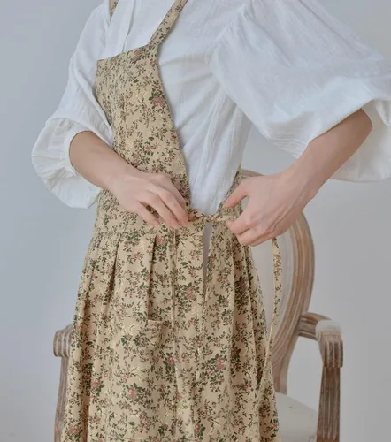 Miniatura 5 de Delantal japonés de algodón con espalda cruzada para mujer con bolsillos A1-café Floral