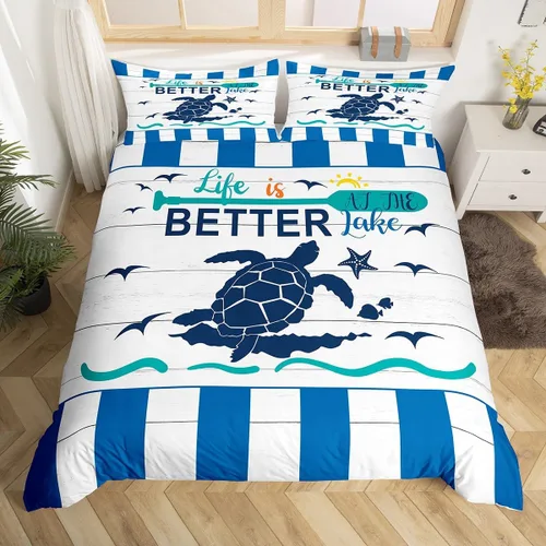 Miniatura 12 de Erosebridal Funda de edredón náutica para niños y niñas, juego de ropa de cama azul y blanco oceánico, funda de edredón de tabla de surf Hawaii