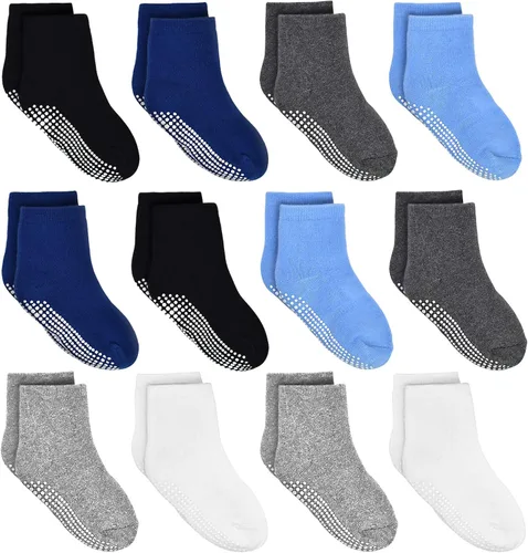 Tphon Calcetines antideslizantes para niños pequeños, 12 pares de calcetines adhesivos antideslizantes para bebés de 1 a 10 años