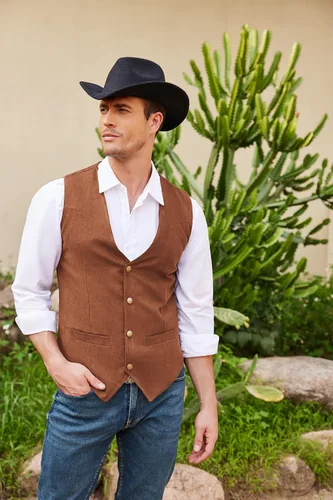 Miniatura 3 de COOFANDY Chaleco de traje de cuero de gamuza para hombre, chaleco occidental casual, chaleco ajustado