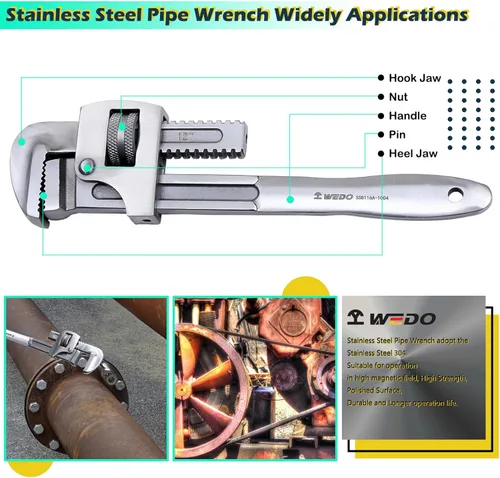 Miniatura 5 de WEDO Llave de tubo de acero inoxidable, llave de tubo recta, llave de fontanería ajustable, anticorrosión, superficie pulida, a prueba de óxido
