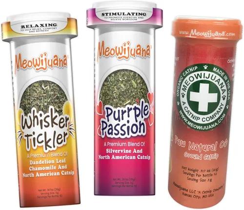 Meowijuana | Paquete de hierba gatera seca triturada prémium Purple Passion, Whisker Ticker, y Paw Natural | Orgánica | Alta potencia | Juguetes