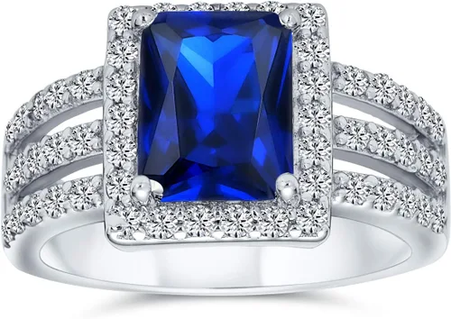 Miniatura 2 de Anillo de compromiso para mujer, estilo Art Deco 3CTW, rectángulo AAA, circonita cúbica, verde, azul, esmeralda, corte halo, cóctel, declaración