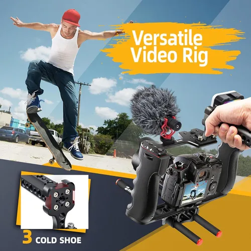 Miniatura 5 de Zeadio Kit de aparejo de video todo en uno, jaula de cámara de mano de aluminio con luz de video RGB, micrófono, mango superior, guía de varilla