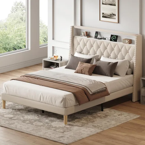 Miniatura 16 de WLIVE Base de cama tapizada de tamaño matrimonial con cabecera de ala de 48 pulgadas de alto, cama cuadrada de terciopelo con estación de carga