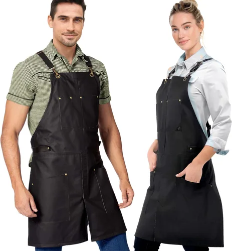 Miniatura 6 de Under NY Sky Delantal de cuero – correas cruzadas, pierna dividida, remachado, forrado – Piel auténtica para barberos, chef, camarero, barista Negro