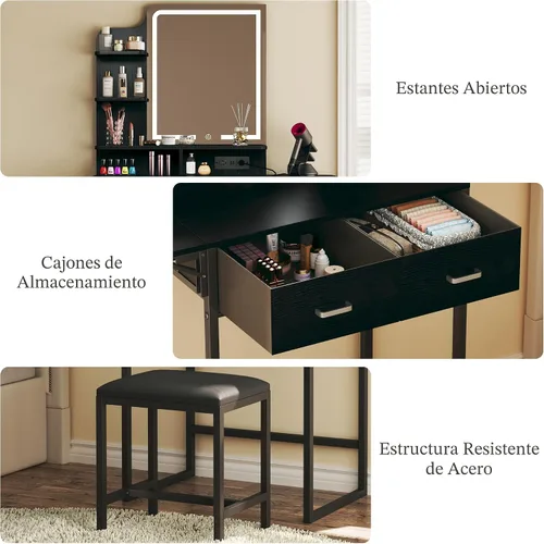 Miniatura 4 de ALEXNUTRE Escritorio de maquillaje con espejo y luces, pequeño tocador con cajón de almacenamiento de tela, silla y estantes, tocador con panel
