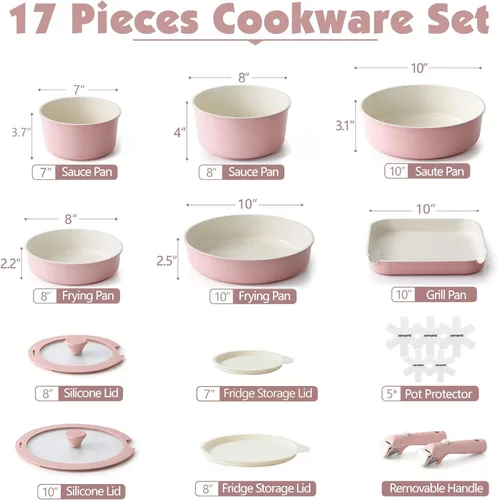 Miniatura 2 de SENSARTE Juego de ollas y sartenes de cerámica de 17 piezas, antiadherentes con mango desmontable, utensilios de cocina de inducción con mango Rosa