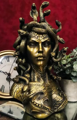 Miniatura 3 de Ebros Gift Mitología griega Hermanas Gorgona Diosa Medusa con Serpientes Salvajes Pelo y Escamas Blindadas Estatua de busto de piel de 10 pulgadas