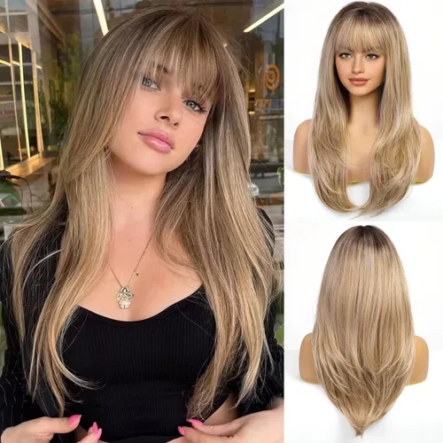 EMMOR Peluca rubia con flequillo para mujer, pelucas largas y lacias, peinado sintético en capas para niñas, fiesta, cosplay y uso diario (26 Rubio