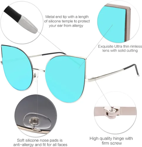 Miniatura 4 de SojoS SJ1022 anteojos de sol con lentes lisos y espejados con forma de ojos de gato, con marco de metal liviano y ultradelgado, para mujer