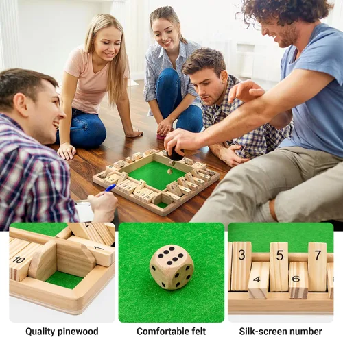 Miniatura 3 de Ropoda Juego de madera para cerrar la caja (2-4 jugadores), tablero grande de 4 lados, 8 dados, reglas, divertido juego de adición para niños