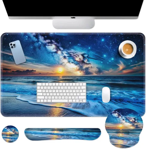 Miniatura 13 de Britimes Blue Sea - Juego de Alfombrilla de Teclado y Mouse Playa de Arena Rosa 4 en 1 Alfombrilla Grande + Reposamuñecas para Teclado +