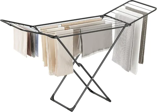 SONGMICS Tendedero de Ropa, Tendedero de Lavandería de Metal, Plegable, Ahorra Espacio, Secador Independiente, con 2 Extensiones Laterales, Uso en