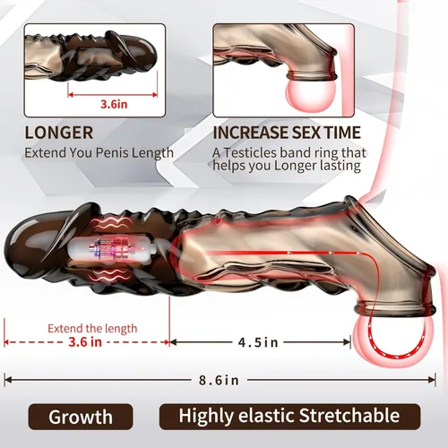 Miniatura 2 de Vibrator Penis Sleeve with Cock Ring - 3.6 inch Reusable Black Clear Penis Extender Male Sex Toy – Adds Girth & Length, Ultra-Soft Penis Ring Adult
