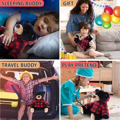 Miniatura 4 de DolliBu Oso negro de felpa con capucha a cuadros rojos, oso suave y abrazable, adorable peluche de oso negro de zoológico, bonito regalo para niños