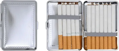 Miniatura 6 de Juego de 2 cajas de cigarrillos compactas chapadas en metal tamaño King con bandas elásticas (pergamino victoriano dorado)