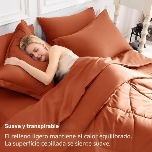 Miniatura 3 de CozyLux Juego de edredón tamaño King, color naranja quemado, toda la ropa de cama en una sola bolsa, 7 piezas: edredón, fundas de almohada