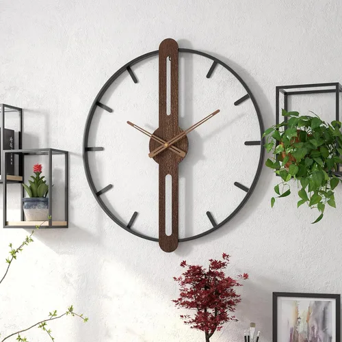 Miniatura 2 de Reloj de pared moderno con esfera de nogal, reloj de pared grande de madera con marco de metal, silencioso, sin tictac, para sala de estar