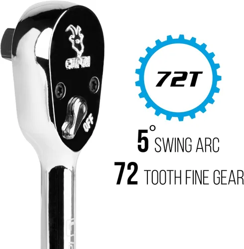 Miniatura 2 de Capri Tools - Trinquete de perfil bajo de cuadrante de 1/2 pulgada, 72 dientes verdaderos y arco oscilante de 5 grados