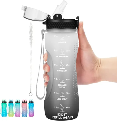 Miniatura 22 de Botella de agua motivacional para niños de 24 onzas con marcador de tiempo, tapa de pajilla, a prueba de fugas, botella de agua deportiva Tritan sin