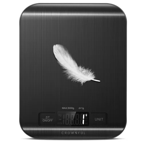 CROWNFUL Báscula de Alimentos, Básculas Digitales de Cocina de 11 lb con Batería Tipo Moneda Integrada, Pesa en Onzas y Gramos para Cocinar y Negro