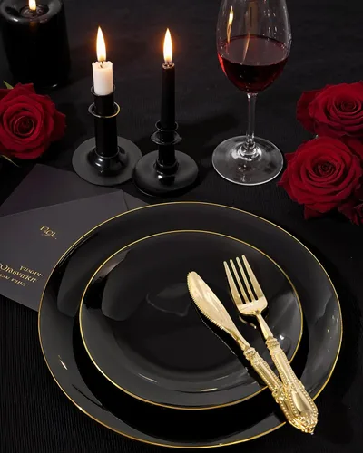 Miniatura 7 de Nervure - Juego de 100 platos de plástico desechables negros de 7.5 pulgadas, platos de postre negros desechables, platos de plástico dorado