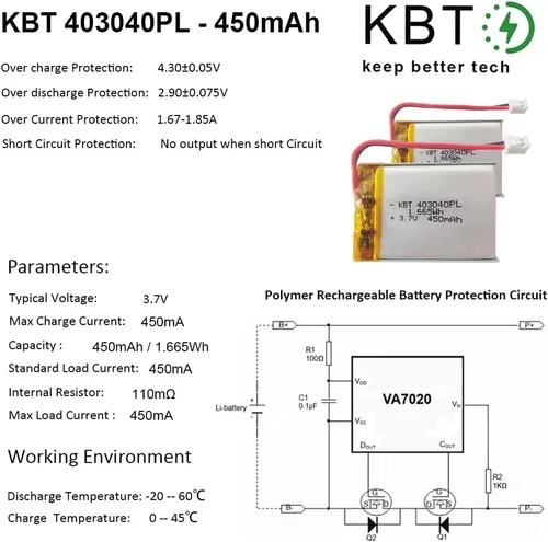 Miniatura 6 de KBT 3.7V 450mAh Batería de Polímero de Litio: 403040 Baterías Recargables de Iones de Litio de Reemplazo con Conector JST 2.0 para Cámara de Tablero