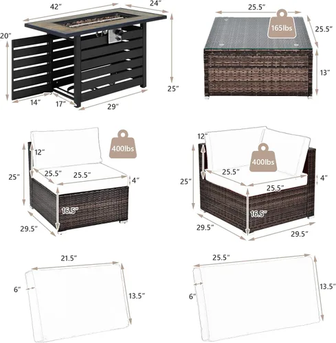 Miniatura 4 de Tangkula Juego de muebles de patio al aire libre de 7 piezas con mesa para fogata de propano de 42 pulgadas, juego de conversación de mimbre