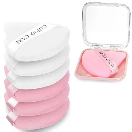 6 Piezas Borlas de Polvo Triangulares con 2 Estuches de Viaje, Borlas de Polvo Fijador para Polvo Facial y Base de Maquillaje, Borla de Maquillaje