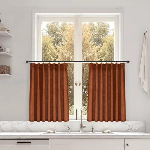 Miniatura 141 de Juego de 2 paneles de cortinas de ventana de cocina beige de 24 pulgadas de largo, con textura de lino, plisadas, filtrantes de luz, semi pequeñas