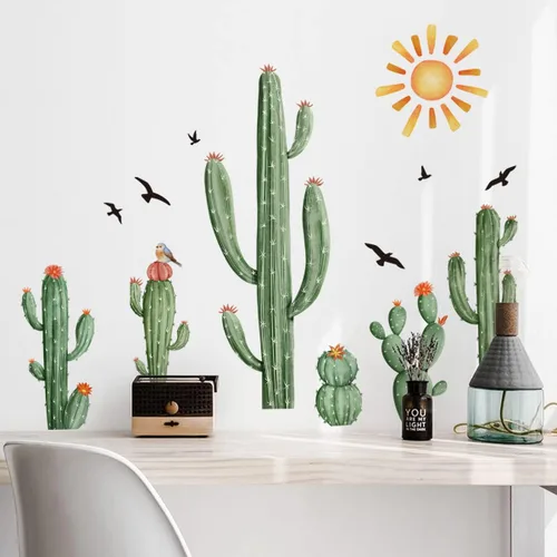 Miniatura 2 de Calcomanías de Pared de Cactus Boho Calcomanías de Pared de Sol Boho Plantas Tropicales de Cactus Verdes con Pájaros Calcomanías de Pared para Sala