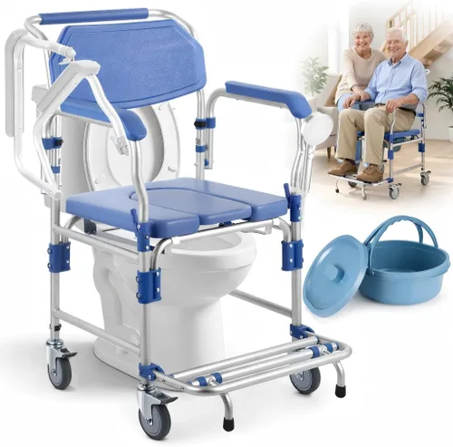 Silla de ruedas con brazos caídos y ruedas bloqueables, silla de ducha de aluminio impermeable, capacidad de 330 libras, inodoros portátiles de