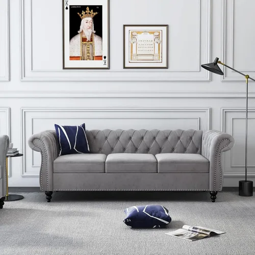 Miniatura 33 de ORRD - Sofá Chesterfield de Terciopelo, Sofá Moderno de Terciopelo con 3 Asientos con Brazos Enrollados y Clavos para Sala de Estar, Dormitorio